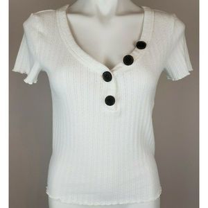 American eagle White Short Sleeve Knit Top Decorative Buttons V Neck M EUC
